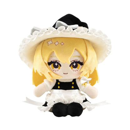 Touhou Project Chai Chara Project Kirisame Marisa Plushie featuring blonde hair, embroidered golden eyes, a black and white witch outfit, oversized witch hat with white bow, and a cute seated chibi design.