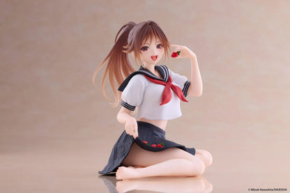 Desktop Cute Satsuki Kitaoji School Uniform Ver. figure seated with a brown ponytail, white and navy sailor uniform, and a strawberry held beside her smiling face.