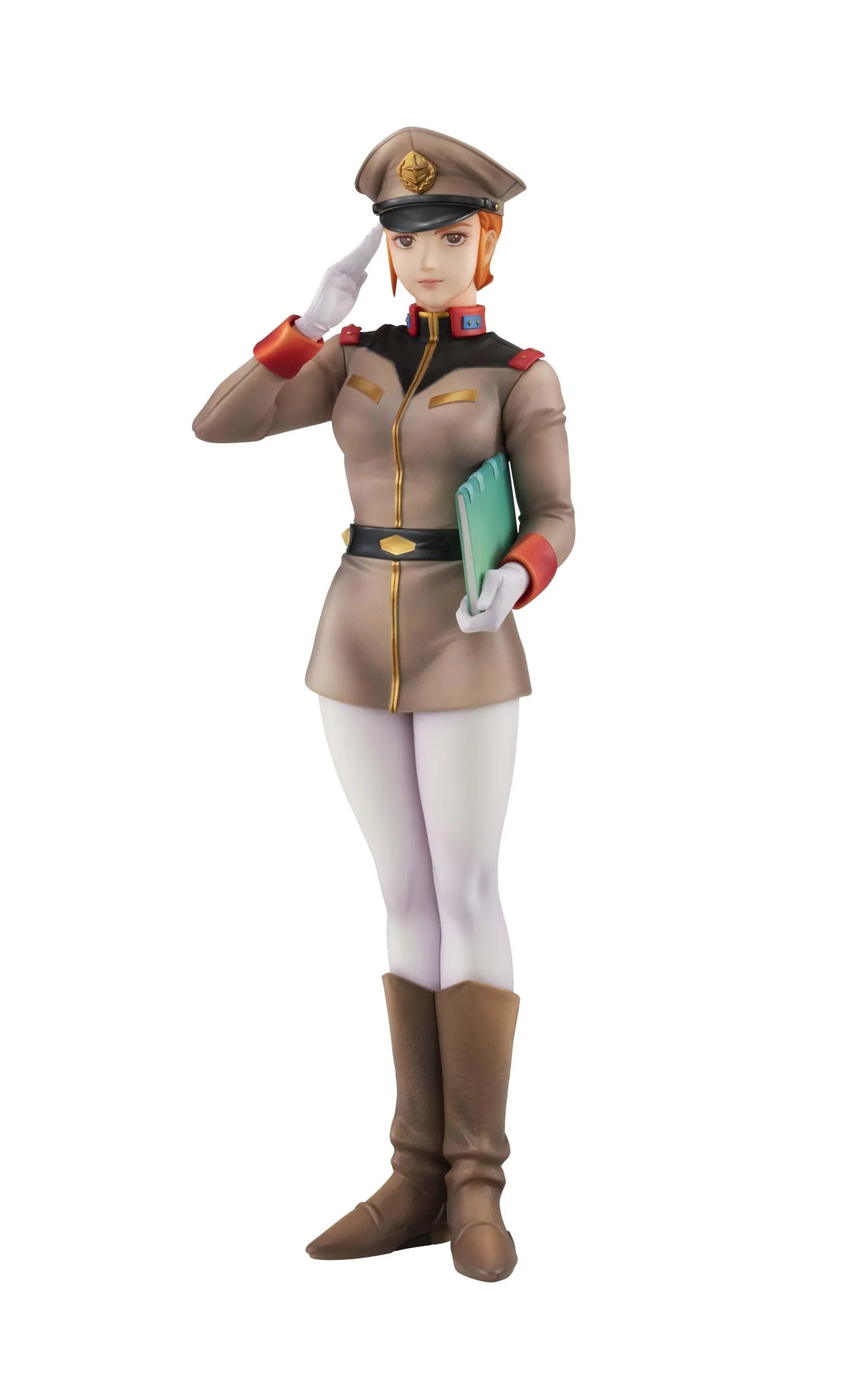 Gundam Girls Generation Matilda Ajan figure saluting in a tan military uniform and peaked cap, holding a green folder, with white trousers and brown boots.