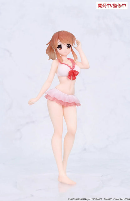 Vivit Mikuru Asahina figure with orange-brown hair, wearing a pink ruffled swimsuit with a red bow, smiling with one hand raised near her bangs.