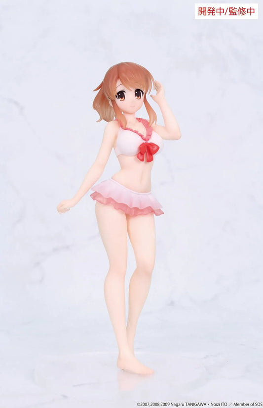 Vivit Mikuru Asahina figure with orange-brown hair, wearing a pink ruffled swimsuit with a red bow, smiling with one hand raised near her bangs.