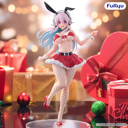 Nitroplus Super Sonico BiCute Bunnies Santa Ver. figure wearing a festive red bunny outfit with headphones, bunny ears, fishnet tights, and gradient pink-and-blue hair