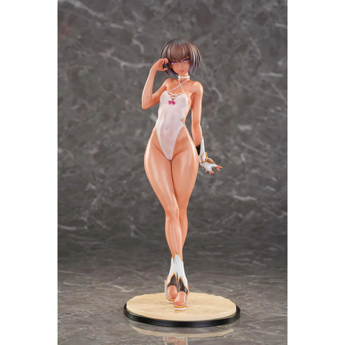 Taimanin RPG Adult Yukikaze Swimsuits Ver. 1/6 Scale Figure featuring Yukikaze in a white swimsuit-style outfit with purple eyes, short hair, gold accents, and display base.
