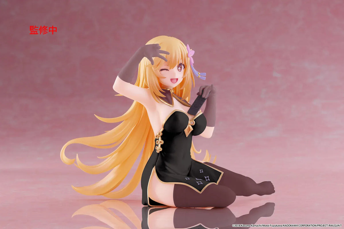 Desktop Cute Misaki Shokuho Chinese Dress Ver. figure seated in a black and gold dress, winking and holding a remote control, with flowing blonde hair