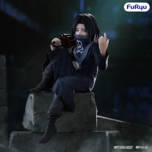 Hunter x Hunter Feitan Noodle Stopper figure seated with one knee raised, wearing a dark outfit and skull face covering, holding a red umbrella over his shoulder.