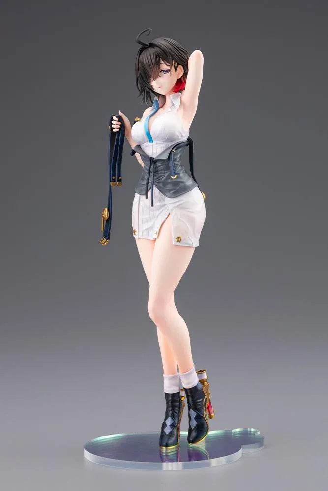 Atelier Yumia The Alchemist of Memories & the Envisioned Land Yumia Liessfeldt Sun Shower Ver. 1/7 Scale Figure featuring a short black-haired anime woman with blue eyes wearing a white outfit, black corset, and black ankle boots while holding a dark strap on a circular display base.