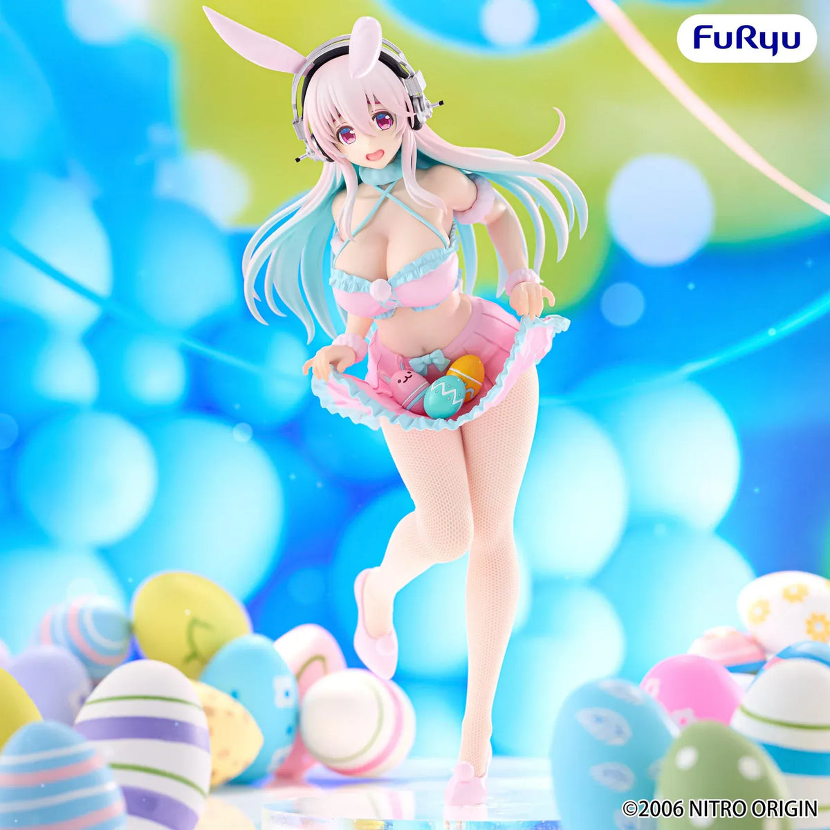 Super Sonico Pastel Easter Ver. BiCute Bunnies figure with pink bunny ears, silver headphones, an aqua-trimmed pink outfit, and colorful eggs.