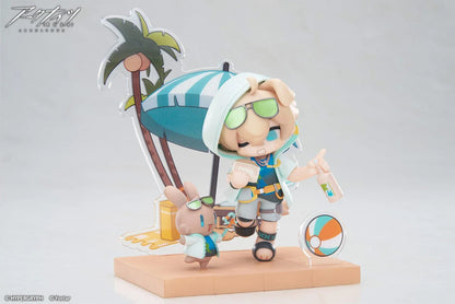 Arknights Cuties Series Tequila Chibi Figure with bunny companion, sunglasses, tropical beach umbrella, palm tree, and beach accessories