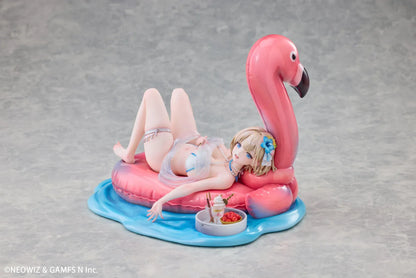 Brown Dust 2 Hot Summer Dream Justia 1/7 Scale Figure relaxing on a pink flamingo float with a water-themed display base