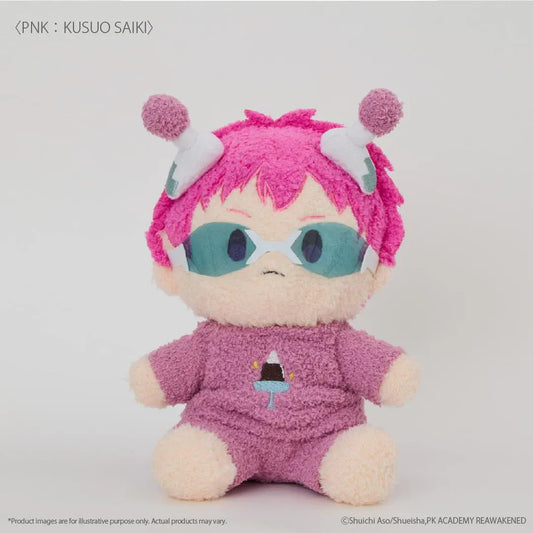 The Disastrous Life of Saiki K. Kusuo Saiki Fukamokogurumi Plushie featuring bright pink hair, green-tinted glasses, white psychic limiters with pink pom-poms, and a fluffy pink outfit with an embroidered coffee jelly design in a cute seated pose.