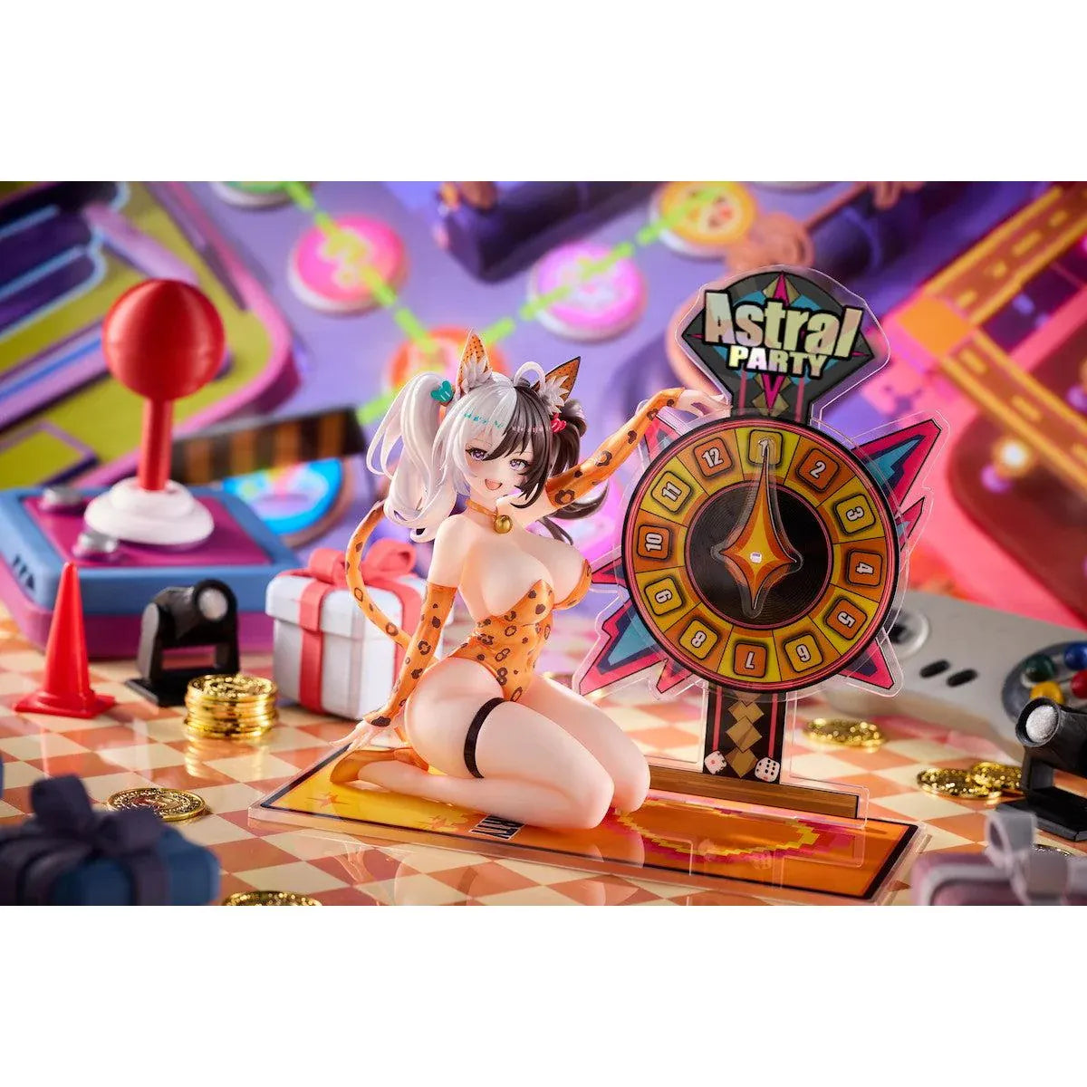 Astral Party Nancy Lu Special Edition 1/6 Scale Figure featuring a black and white-haired anime girl with purple eyes wearing an orange leopard-print bodysuit, animal ears, and a spotted tail, posed beside a colorful roulette wheel with matching illustrated bonuses.
