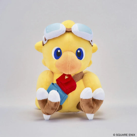 Final Fantasy Chocobo Chocobo and the Airship Ver. Plush with yellow Chocobo, pilot goggles, travel bag, blue embroidered eyes, and seated plush design