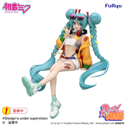 Hatsune Miku Digital Stars 2025 Noodle Stopper Figure by FuRyu featuring Miku with braided turquoise twin-tails, yellow jacket, headphones, shorts, and pixel sunglasses