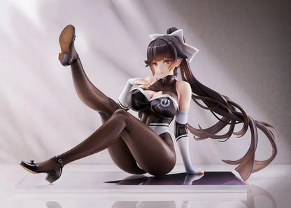 Azur Lane Takao Full Throttle Charmer figure seated with one leg raised, wearing a black and white outfit, dark stockings, and a white hair bow.