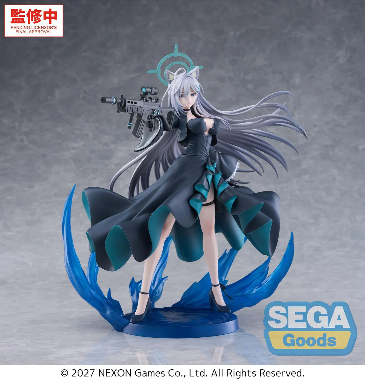 Blue Archive Shiroko Terror FIGURIZMα figure holding a rifle, with flowing silver hair, a turquoise halo, dark teal-lined dress, and blue base effects.