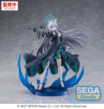 Blue Archive Shiroko Terror FIGURIZMα figure holding a rifle, with flowing silver hair, a turquoise halo, dark teal-lined dress, and blue base effects.