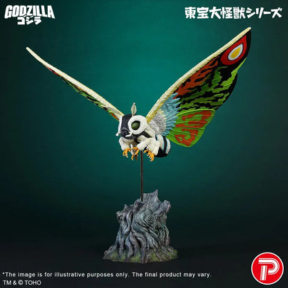 Toho Daikaiju Series Mothra Leo figure flying above a detailed tree-stump display base with colorful wings extended.