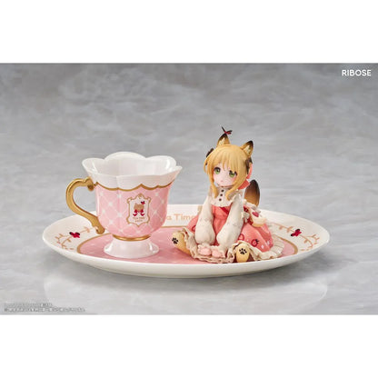 DLC Series Tea Time Cats Orange Cat Non Scale Figure by RIBOSE featuring an orange-haired cat girl with green eyes, a pink outfit, fluffy cat ears, and paw-shaped sleeves sitting beside a decorative pink teacup on a matching serving tray.