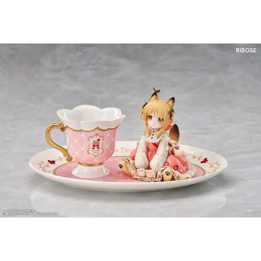 DLC Series Tea Time Cats Orange Cat Non Scale Figure by RIBOSE featuring an orange-haired cat girl with green eyes, a pink outfit, fluffy cat ears, and paw-shaped sleeves sitting beside a decorative pink teacup on a matching serving tray.