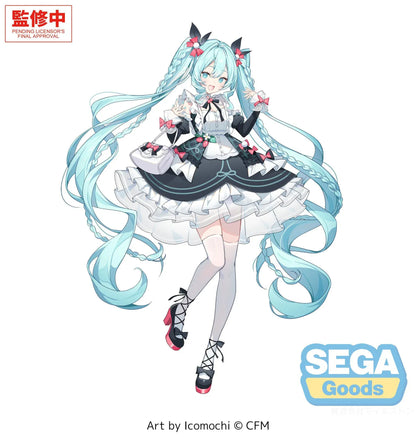 Promotional artwork for Hatsune Miku FIGURIZMα Afternoon Figure, showing a ruffled black-and-white dress, pink bows, handbag, and braided turquoise twin tails.
