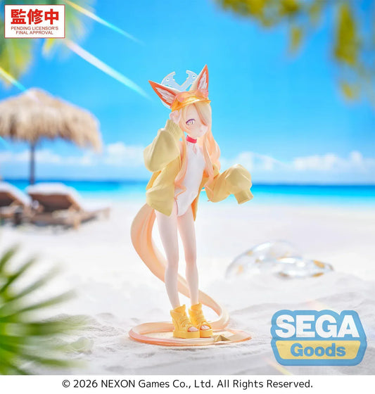 Seia swimsuit figure from Blue Archive with fox ears tail and oversized jacket standing on base