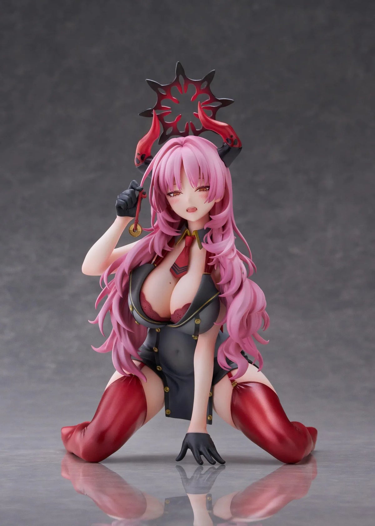 Blue Archive Satsuki Memorial Lobby 1/7 scale figure kneeling in a black-and-red outfit with flowing pink hair, horns, and a dark halo.
