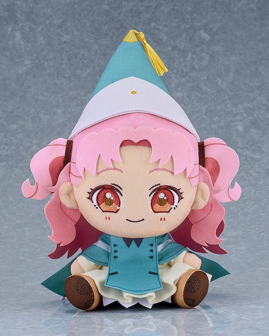 Witch Hat Atelier Tetia Chocopuni plushie with pink twin-tails, orange-red eyes, a teal-and-white pointed hat with a gold tassel, and a teal cape.