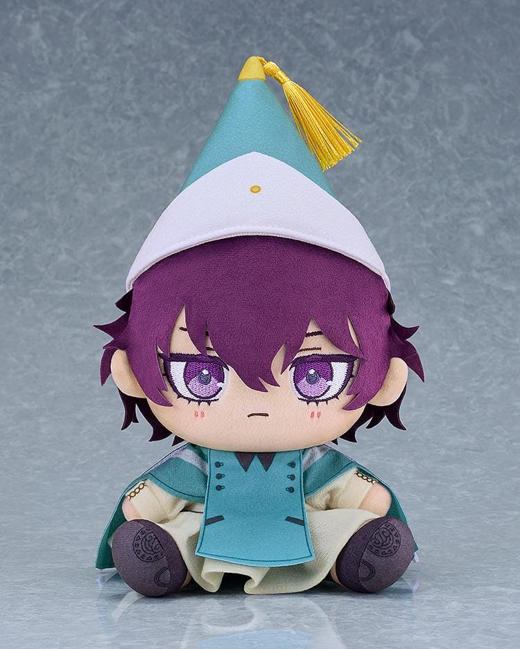 Witch Hat Atelier Agott Chocopuni plushie with purple hair and eyes, a serious expression, a teal-and-white pointed hat with a gold tassel, and a teal cape.