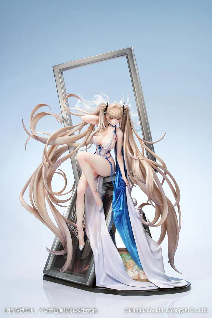 Azur Lane Formidable Anniversary Memories Ver. 1/7 Scale Figure featuring Formidable with long blonde hair, blue-and-white outfit, elegant seated pose, and mirror-style display base.
