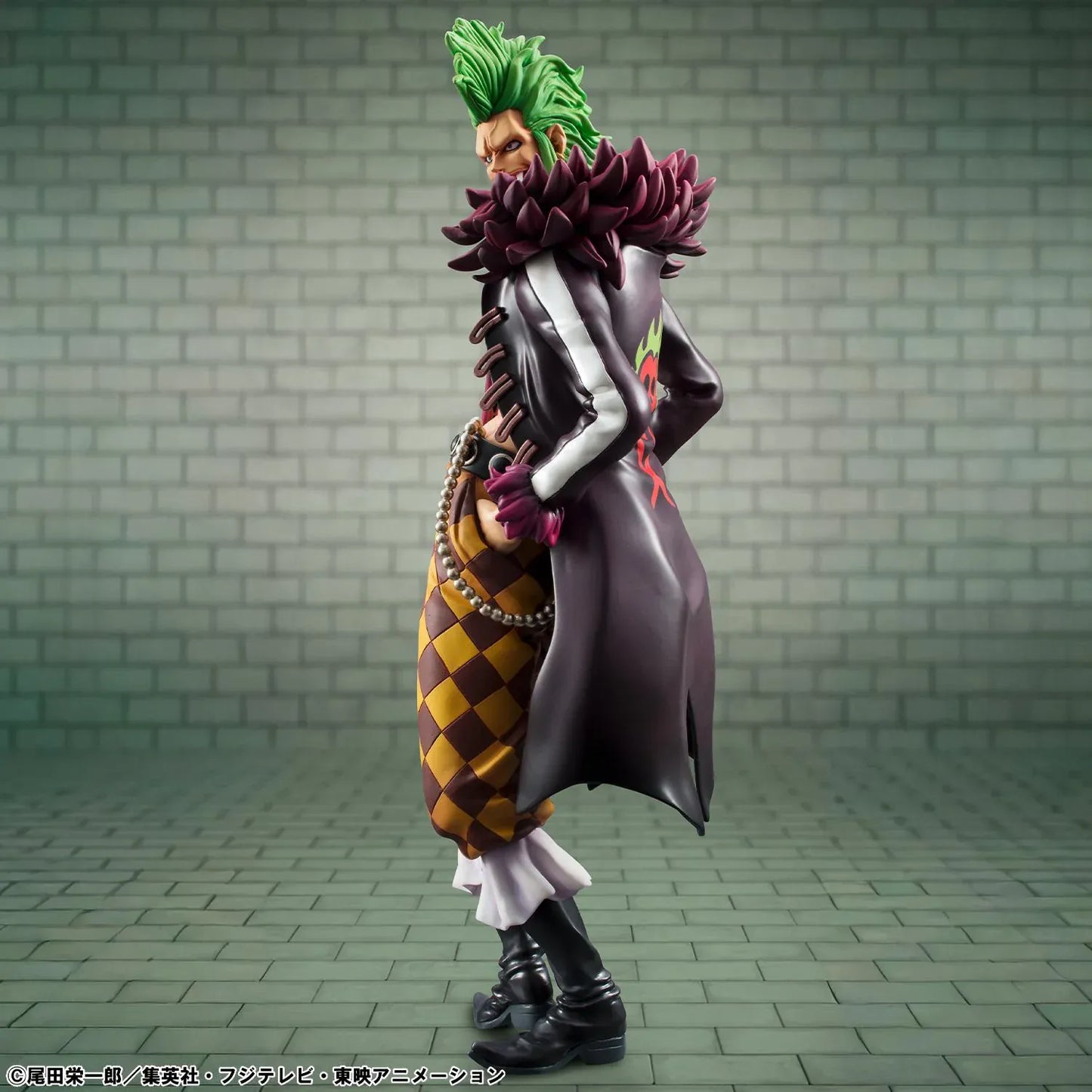 One Piece Portrait Of Pirates Limited Edition Bartolomeo the Cannibal figure with green hair, black coat, and checkered pants