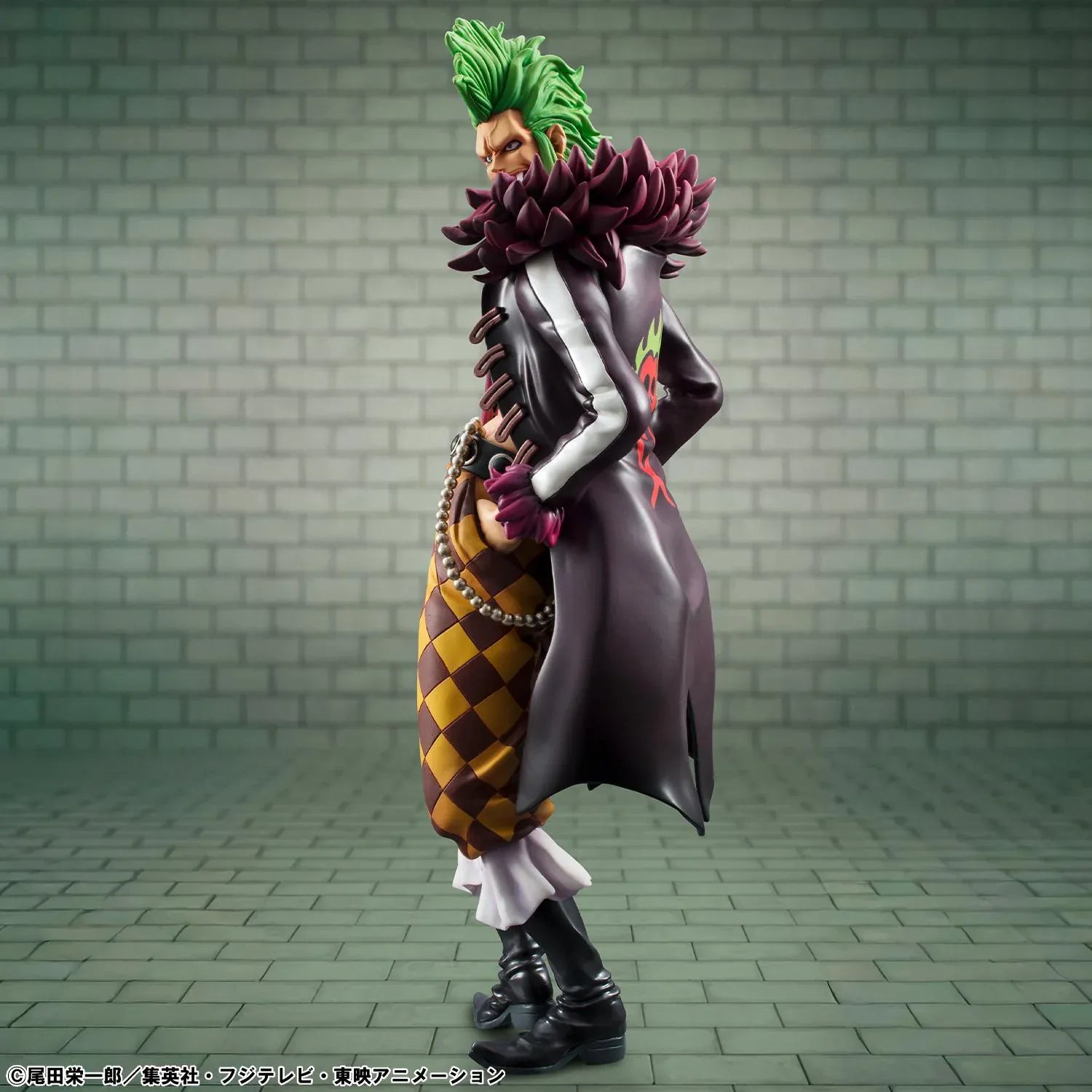One Piece Portrait Of Pirates Limited Edition Bartolomeo the Cannibal figure with green hair, black coat, and checkered pants