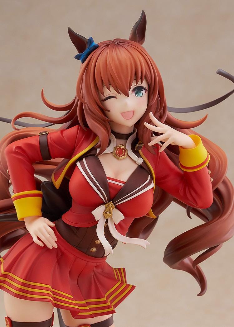 1/7 scale Uma Musume: Pretty Derby Maruzensky Signature Racewear Ver. figure, winking and posing in a red race uniform with long flowing brown hair and decorative horseshoe base.