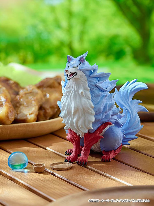 Pop Up Parade Swacchao Fel & Sui figure from Campfire Cooking in Another World with My Absurd Skill, featuring a large purple wolf sitting with tiny blue slime Sui and two wooden bowls.