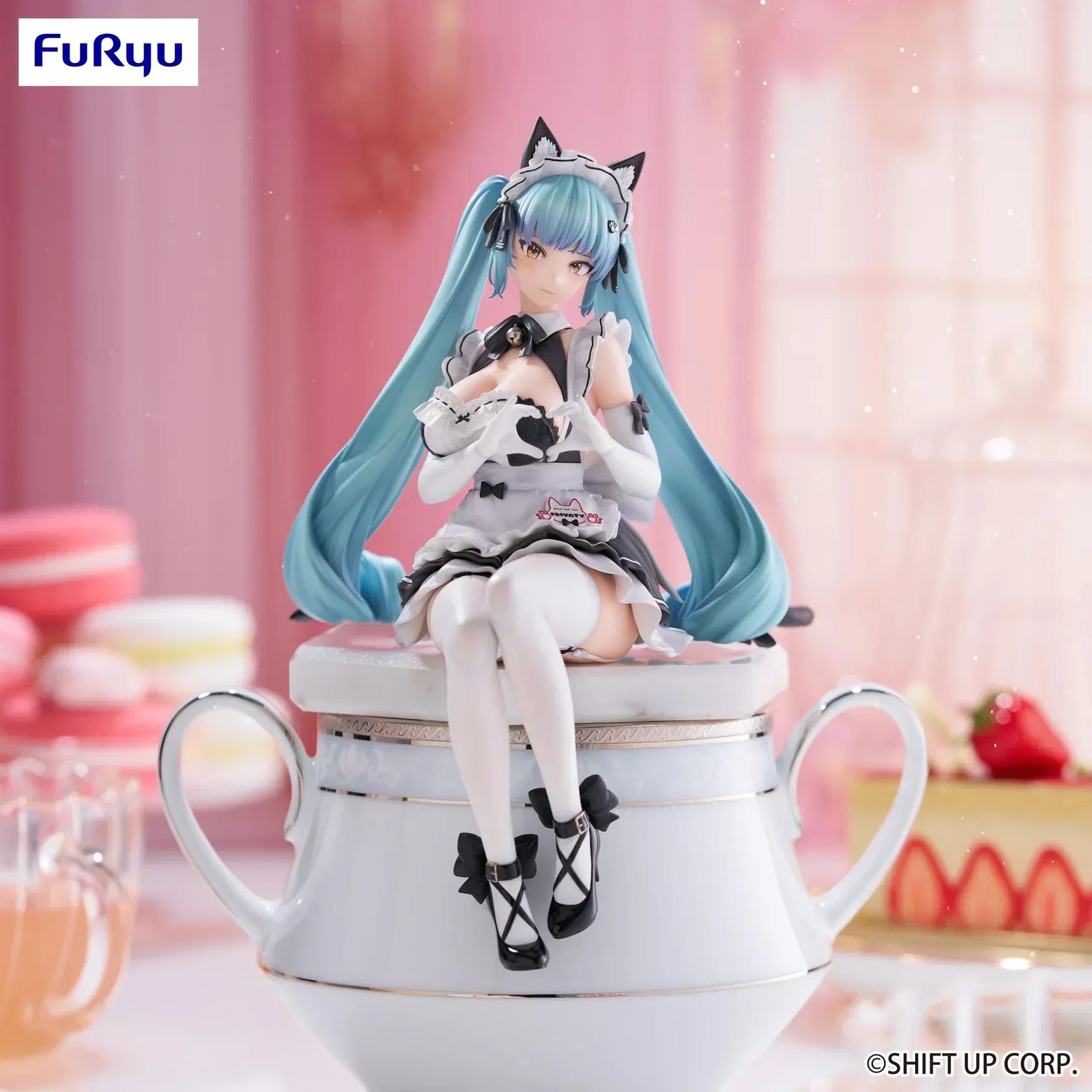 Goddess of Victory: Nikke Privaty (Unkind Maid) Noodle Stopper Figure by FuRyu featuring Privaty in a maid outfit with long blue twin tails sitting on a teacup.