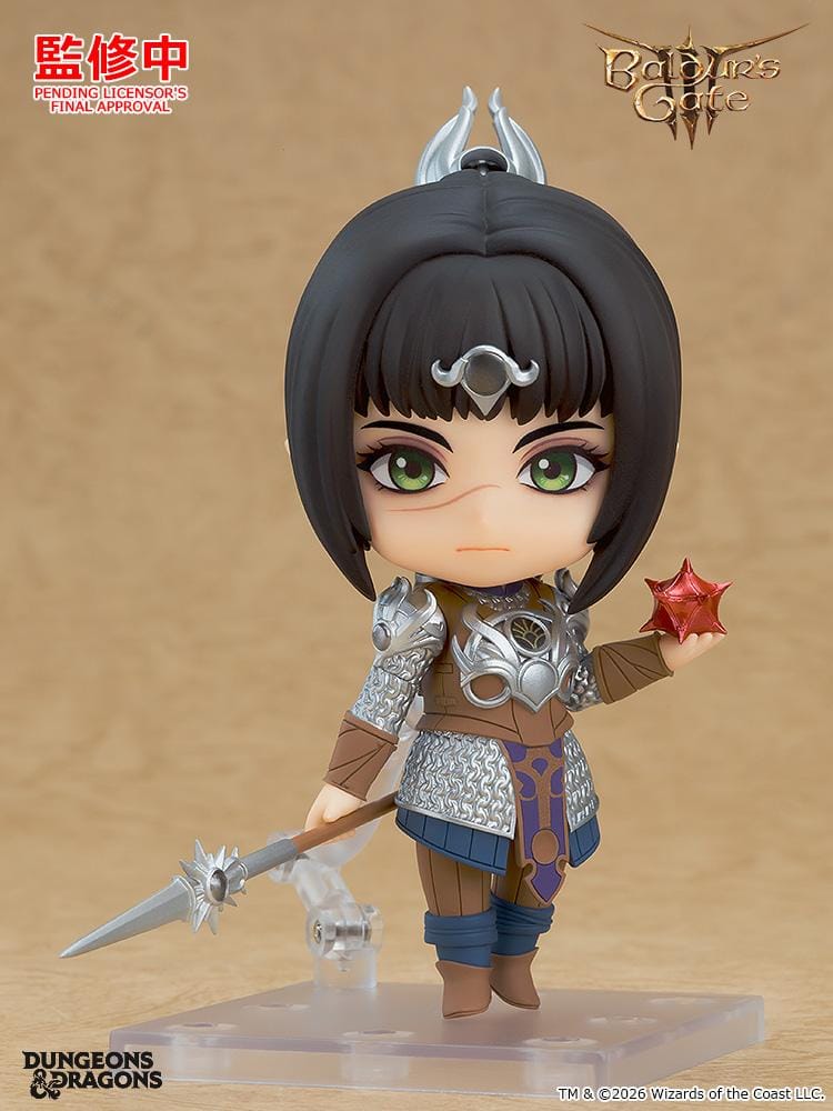 Baldur's Gate III Nendoroid Shadowheart figure wearing detailed cleric armor while holding a spear and the Astral Prism accessory