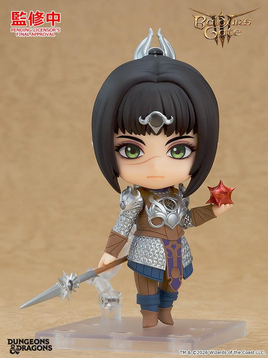 Baldur's Gate III Nendoroid Shadowheart figure wearing detailed cleric armor while holding a spear and the Astral Prism accessory