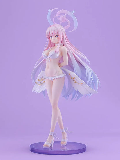 Blue Archive Mika Swimsuit figure with long pink and lavender hair, a white ruffled swimsuit, halo, feathered wings, and ribbon heels on a purple base.