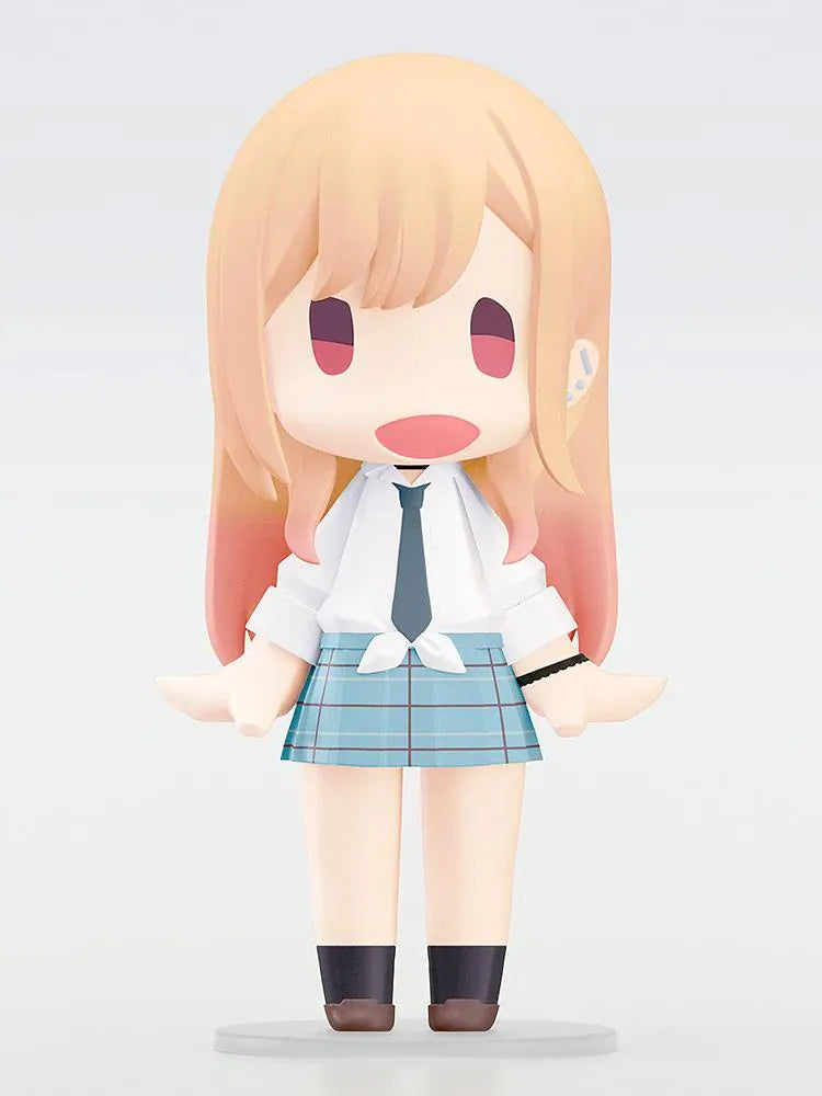 HELLO! GOOD SMILE Marin Kitagawa figure with blonde and pink hair, a smiling face, tied white shirt, dark necktie, and blue plaid skirt.