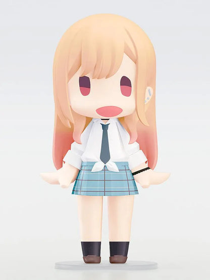 HELLO! GOOD SMILE Marin Kitagawa figure with blonde and pink hair, a smiling face, tied white shirt, dark necktie, and blue plaid skirt.
