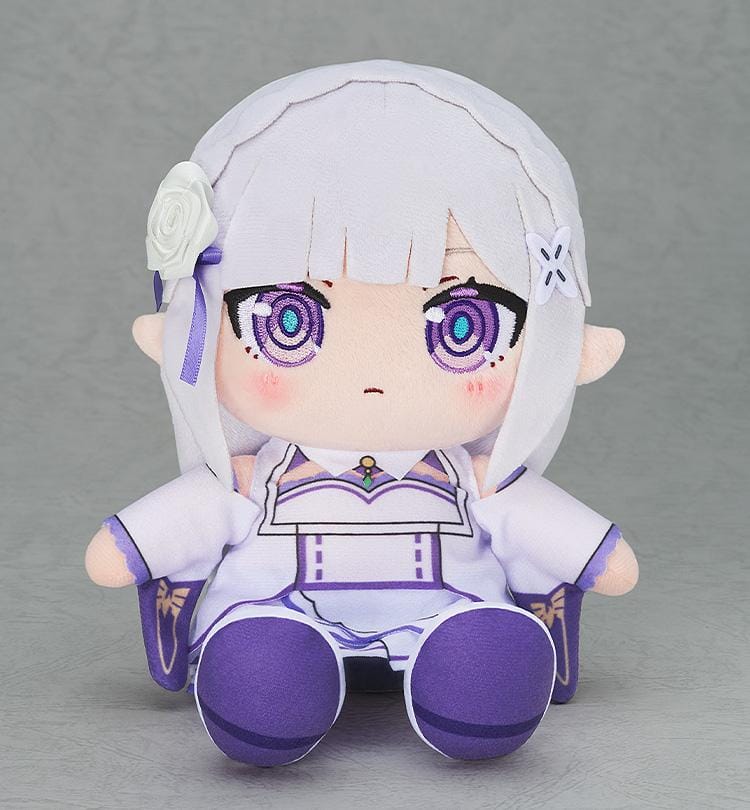 Rezero Starting Life in Another World Emilia Chocopuni Plushie (Rerelease) featuring silver hair, purple embroidered eyes, a white and lavender outfit, and a cute seated chibi design.