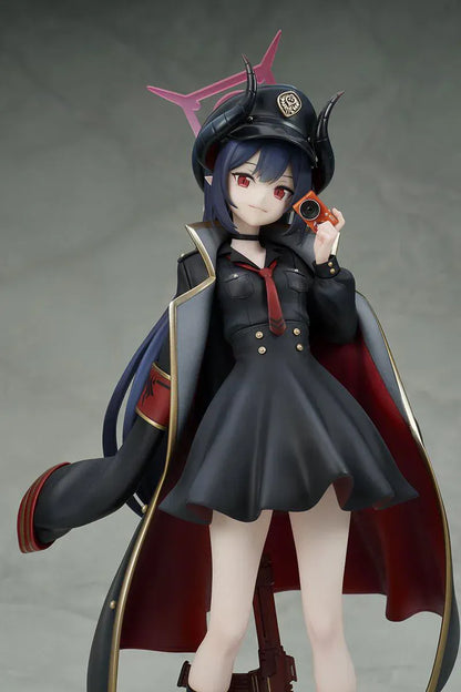 Blue Archive Chiaki 1/7 scale figure wearing dark uniform with long coat holding camera and rifle accessory.