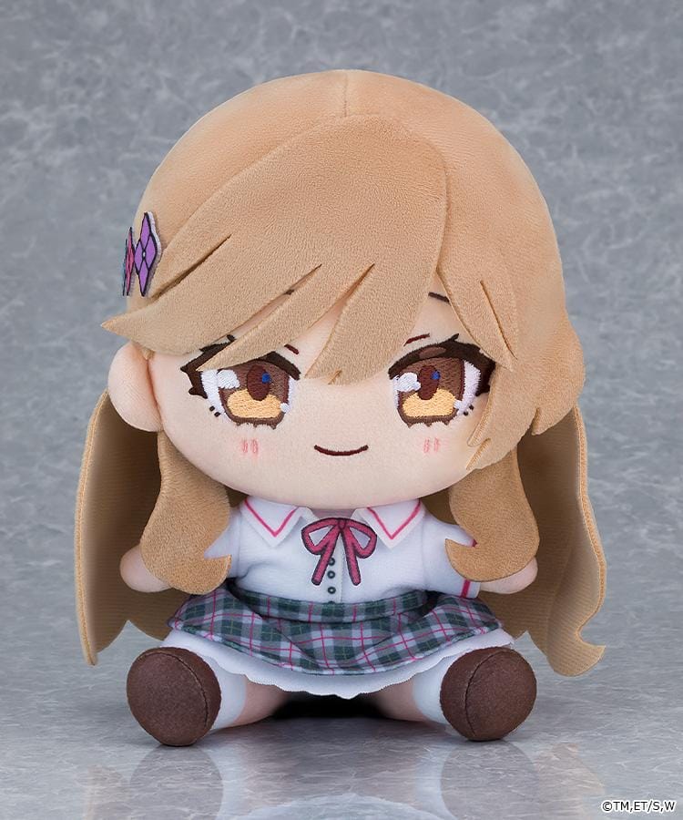 There's No Freaking Way I'll Be Your Lover! Unless... Ajisai Sena Chocopuni Plushie featuring a light brown-haired anime girl with brown embroidered eyes, a sweet smile, white school blouse, pink ribbon, plaid skirt, and brown shoes.