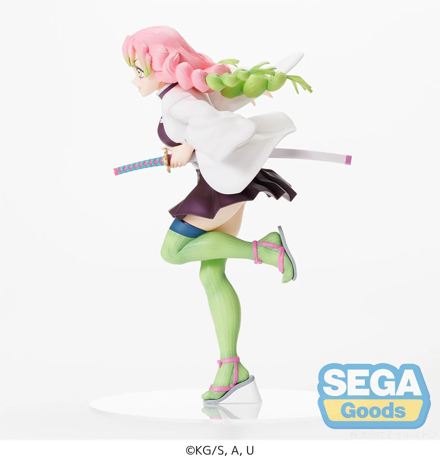 Demon Slayer Kimetsu no Yaiba FiGURiZMa Mitsuri Kanroji Figure Rerelease in dynamic pose with pink and green braided hair