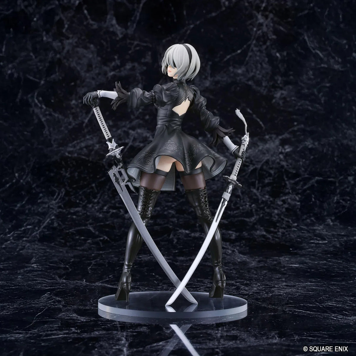 NieR POP UP PARADE 2B YoRHa No.2 Type B L Size Figure featuring a silver-white-haired android wearing a black gothic combat dress, thigh-high boots, and black gloves while holding a large sword on a circular display base.