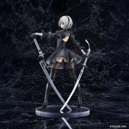 NieR POP UP PARADE 2B YoRHa No.2 Type B L Size Figure featuring a silver-white-haired android wearing a black gothic combat dress, thigh-high boots, and black gloves while holding a large sword on a circular display base.