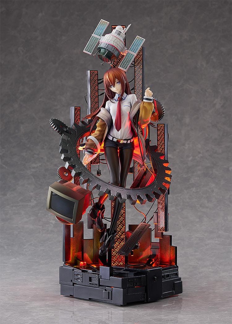 Kurisu Makise 1/7 scale figure surrounded by gears, binary-patterned panels, a satellite, retro monitor, and computer equipment with red-orange accents.