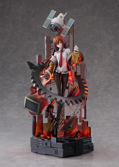 Kurisu Makise 1/7 scale figure surrounded by gears, binary-patterned panels, a satellite, retro monitor, and computer equipment with red-orange accents.