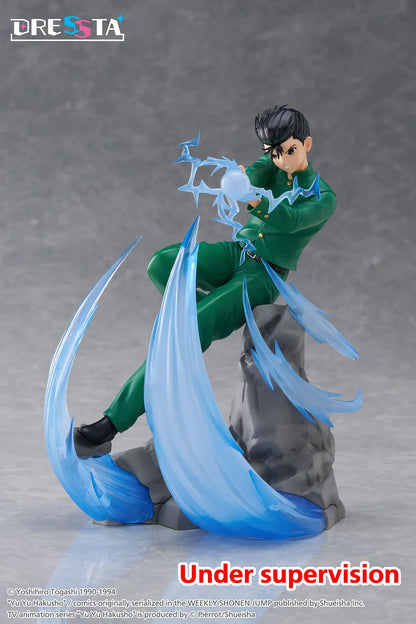 Yu Yu Hakusho Dressta Yusuke Urameshi Figure in green school uniform with blue spirit energy effect and rocky display base