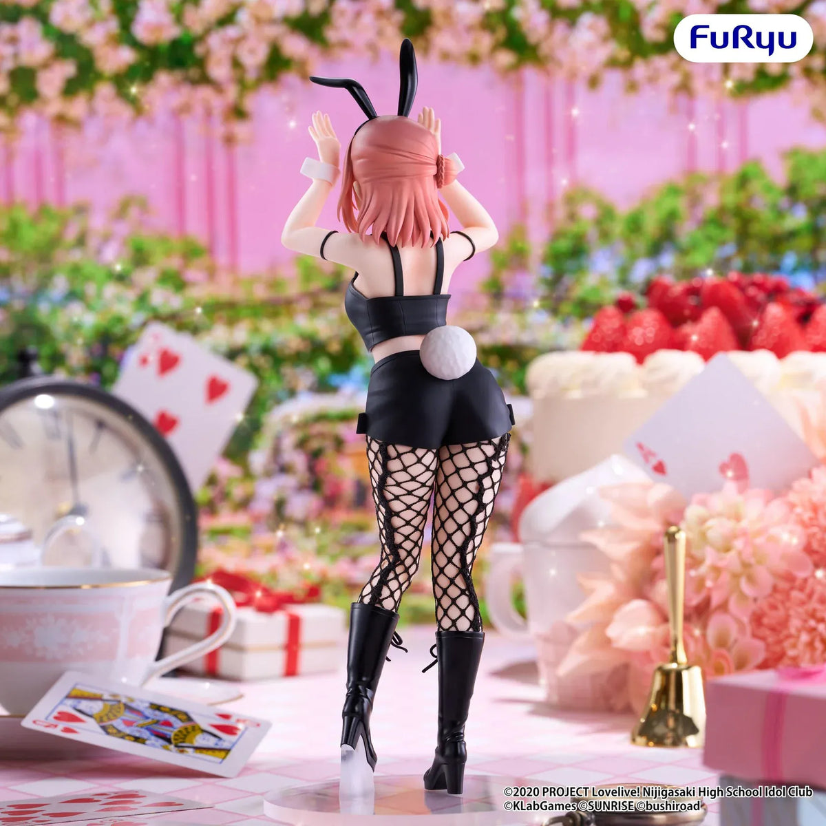 Ayumu Uehara BiCute Bunnies figure with reddish-pink hair, black bunny ears, a pink bow, patterned stockings, and tall black boots.