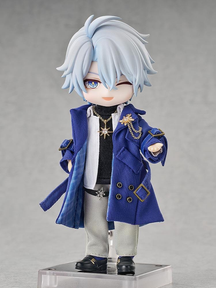 Honkai Star Rail Nendoroid Doll Phainon Express Travel Ver. featuring Phainon with silver-blue hair, blue coat, fabric-style outfit, gold accessories, and wink expression.